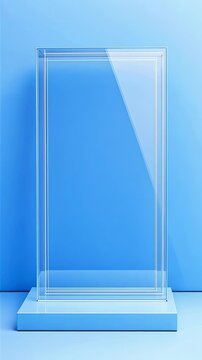 Glass trophy or award display case slowly rotating on a blue background