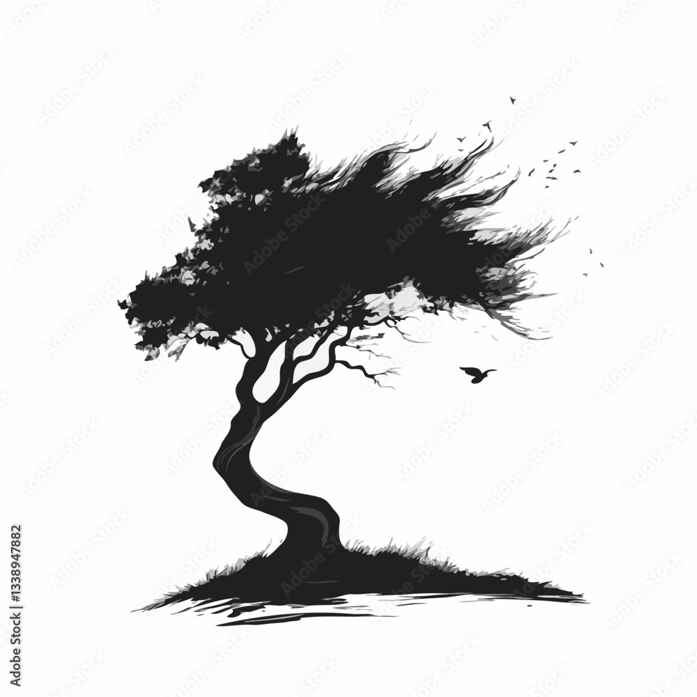 Wall mural windswept tree with birds: black tree in abstract with movement against white background