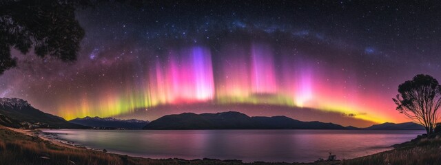Mesmerizing display of aurora australis painting the night sky over tranquil waters in a remote southern location