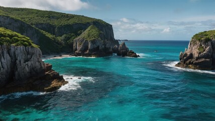 Fototapeta premium Stunning Turquoise Ocean Cove Surrounded by Lush Green Cliffs and Rocky Coastline