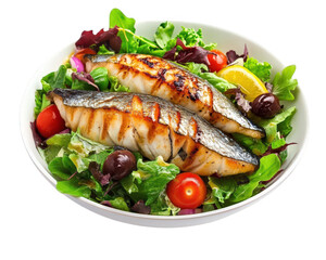 Fresh grilled mackerel fillets served on bed of mixed greens, cherry tomatoes, and lemon slices, creating vibrant and healthy salad