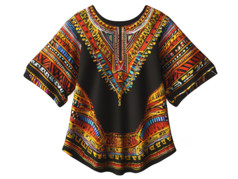 A dashiki shirt with colorful geometric patterns on a isolated on a transparent background - Powered by Adobe