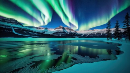 Spectacular Aurora Borealis over Frozen Lake and Mountain Range at Night