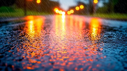 Rainy Road Reflecting City Lights