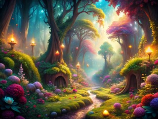 Obraz premium Magical Enchanted Forest: Vibrant Colors & Surreal Landscape - Stock Photo