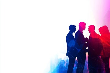 Silhouettes of businesspeople engaged in discussions, handshake and teamwork concepts blended with a futuristic cityscape, representing collaboration and corporate growth
