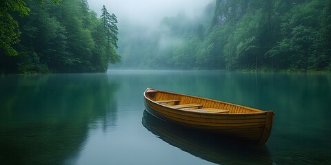 Serene Lake Canoe: A tranquil scene featuring a wooden canoe floating peacefully on a calm lake, enveloped in mist, creating a sense of serenity and solitude.