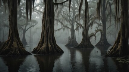 Mysterious Cypress Swamp at Dawn Foggy Atmosphere Ancient Trees Still Water Nature Scene