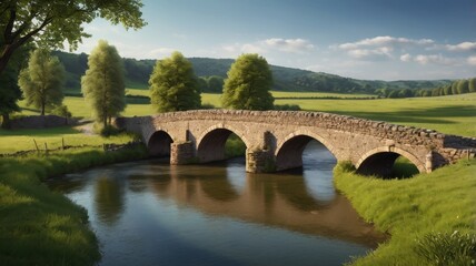 Fototapeta premium Picturesque Stone Bridge Arching Over Calm River in Serene Green Meadow Landscape