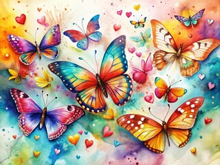 Macro Valentine's Day: Colorful Butterfly & Heart Watercolor Painting