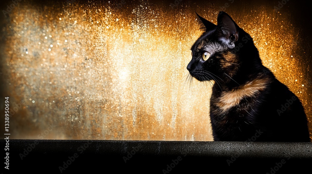 Poster tortoiseshell cat sits attentively looking towards the left in front of a textured backdrop with gol
