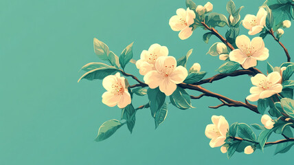 Fototapeta premium a branch of a blooming tree with green leaves and flowers, beautiful background