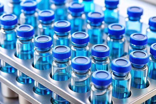 Macro Shot: HPLC Vials with Blue Caps in Autosampler - Plant & Human Sample Analysis