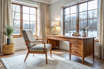 Fototapeta premium Macro Shot: Frosty White & Teak Study, Beige Upholstered Chair Detail