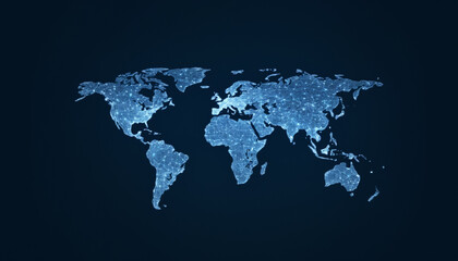 Fototapeta premium Minimalist Flat Vector Illustration, Abstract Global Communication Network with Interconnected Nodes and Glowing Digital World Map, Blue and White Tones, Futuristic Design on Dark Background 