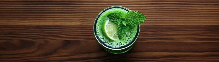 A refreshing green drink garnished with mint and lime, set on a wooden surface, evoking a cool and revitalizing vibe.