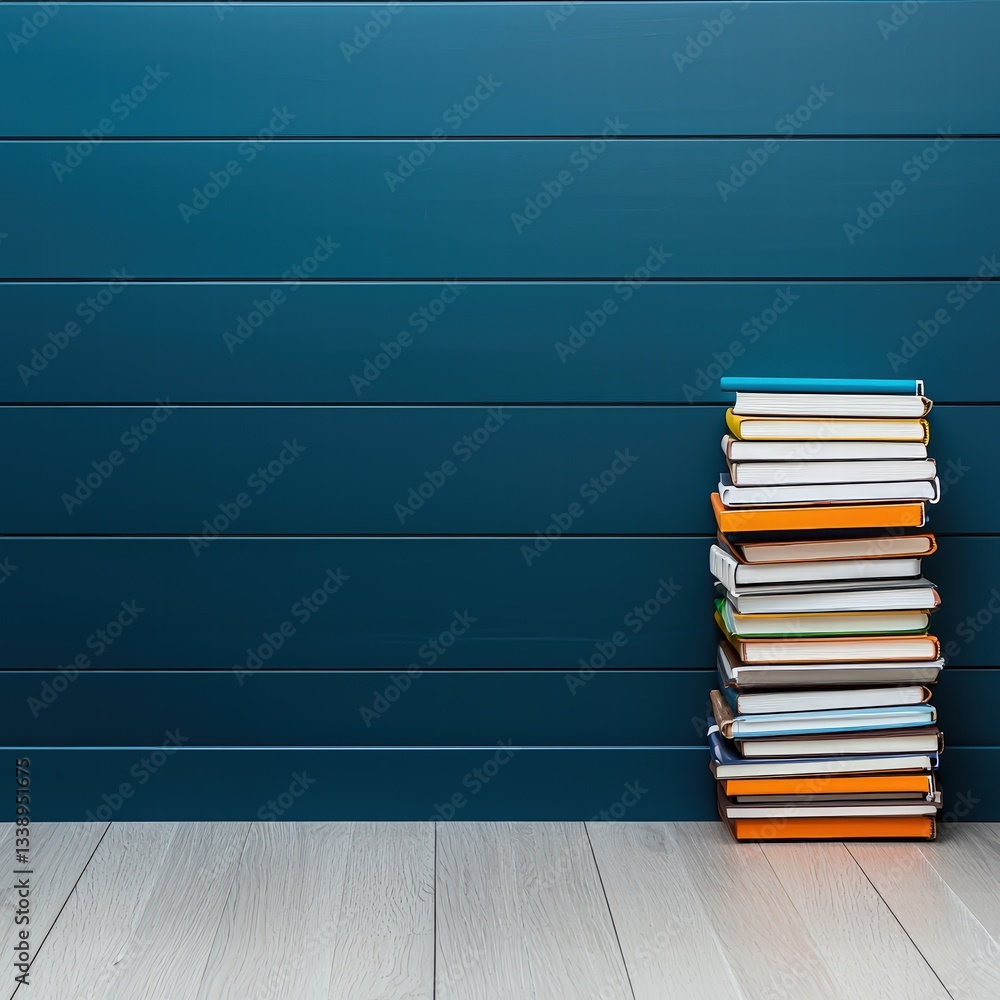 Poster a neatly arranged stack of colorful books on a rustic wooden floor creating a cozy reading space