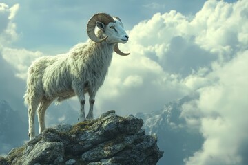 Naklejka premium Majestic goat standing on a rocky ledge against a dark backdrop in the mountains during the late afternoon