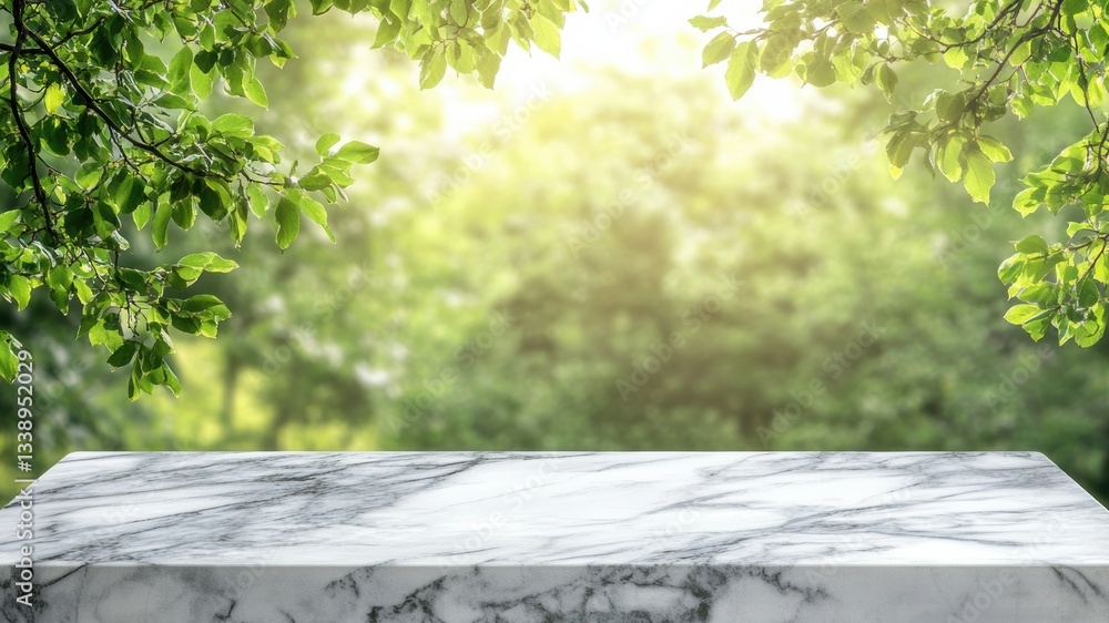 Poster empty marble table with sunlight and blurred green foliage background for product display