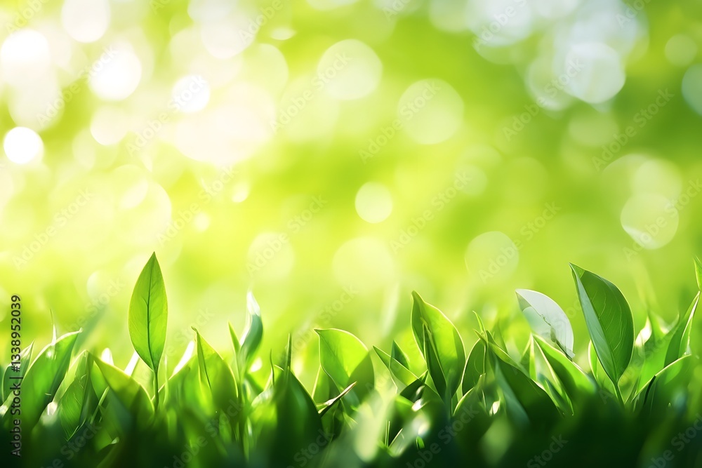 Poster fresh green grass with soft blurred background in natural light