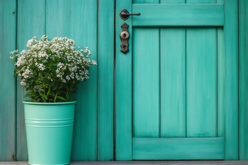 Obraz premium White flowers in turquoise pot near turquoise wooden door