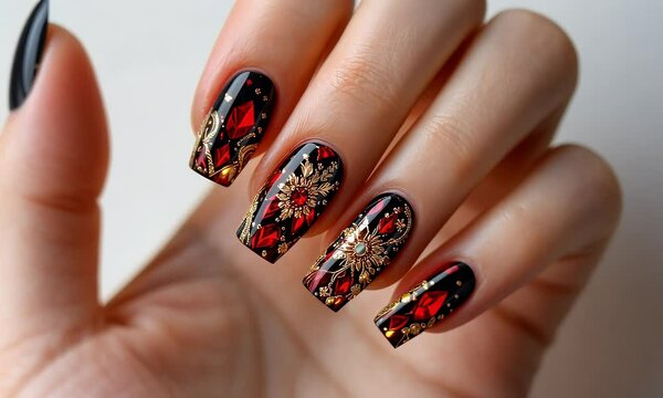 Luxurious Red And Gold Gemstone Nail Art Manicure_description__Close up view of a woman's hand showcasing a luxurious manicure. Long, square shaped nails are adorned with a dark base, accented by