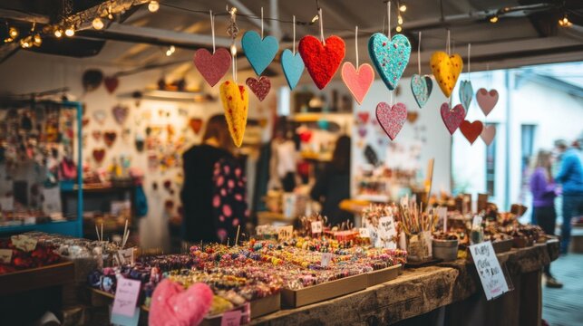 Naklejki Colorful hearts hang in a bustling craft market