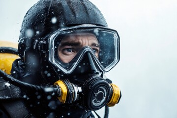 Commercial diver wearing diving helmet and mask in snowy weather
