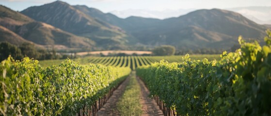 Serene vineyard landscape with mountains in the background under soft evening light.