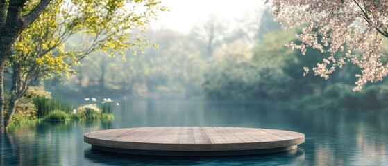 Serene wooden platform on tranquil water surrounded by lush greenery and blooming flowers.