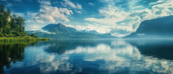 Stunning lake view surrounded by mountains under a clear blue sky with reflections.