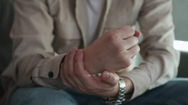 Arthritis in a person.
A man experiences severe pain in his hand.
A sore hand, severe pain in a guy.
A man is in pain and he twists his wrist