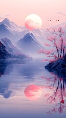 Serene Sunrise Over Mountains: The soft morning light bathes a tranquil mountain landscape, a pale pink sun rising above the majestic peaks reflecting serenely in the still lake