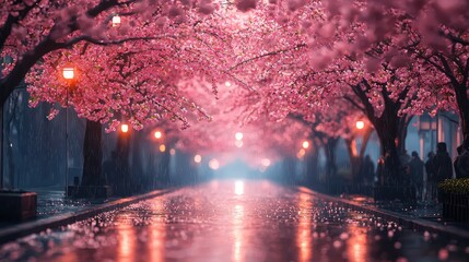 Romantic cherry blossom tunnel, rainy night.