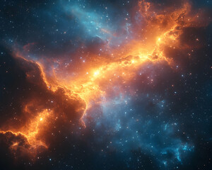 Fototapeta premium Fiery orange and cool blue nebula swirls in deep space, scattered with stars