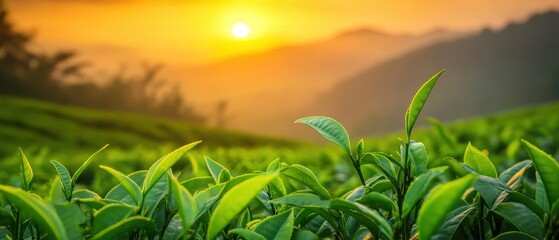 Vibrant green tea leaves under a beautiful sunset sky.