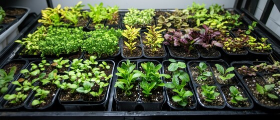 Vibrant seedlings growing in trays, showcasing diverse plant species in a controlled setting.