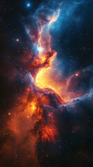 Fiery, swirling nebula in deep space with blue and orange hues, stars scattered throughout