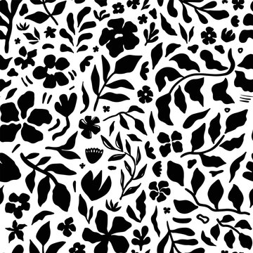 Fototapeta Seamless floral pattern with hand drawn black silhouettes of flowers and leaves on a white background. Modern botanical design for fabric, wallpaper, packaging, and textile decoration