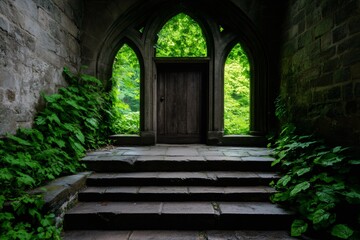 Old stone steps leading to wooden door in gothic archway