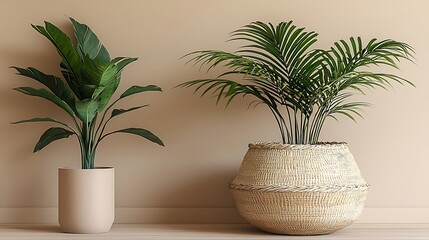 Beige wall with potted plants, interior design, nature, home decor, neutral color scheme