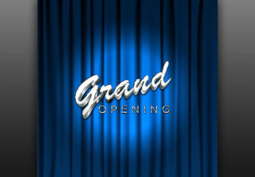 Grand Opening Announcement Image Template with Blue Curtain and place for your silver lettering