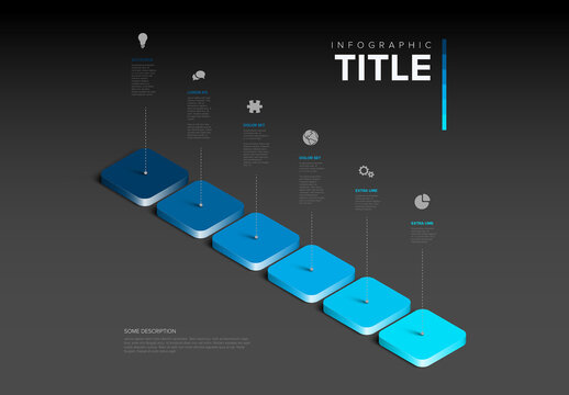Blue six Step by Step Infographic Design Template on dark background