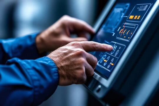 Industrial worker operating modern touchscreen control panel in factory setting