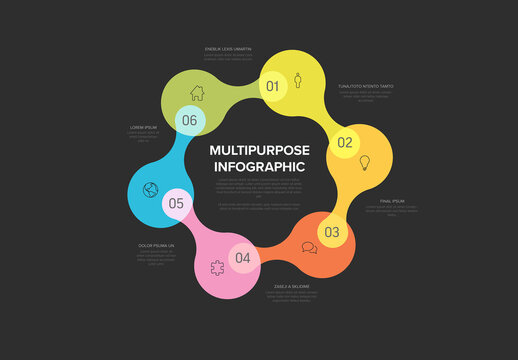 Circular Colorful Multipurpose Infographic Template with Six Sections on dark gray background