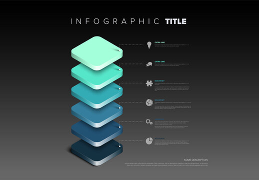 Colorful Dark 3D Chart Infographic Design Template with six blue level schema diagram