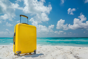 Yellow Luggage on Tropical Beach against a sunny, powdery sand and crystal-clear ocean, evoking excitement.