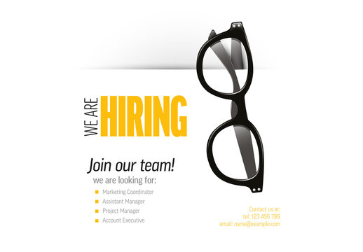 We Are Hiring Advertisement with Job Roles Listed accompanied by stylish black glasses
