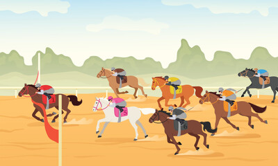 Obraz premium Horse race finish line. Equestrian sport competition winner crossing red ribbon, hippodrome championship and jockey tournament victory cartoon vector illustration.