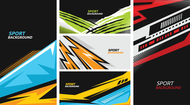Sport banner. Abstract racing backgrounds with free text space, dynamic shapes, fast lines, lightnings and halftone textures. Extreme poster or flyer templates vector set.